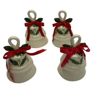 Christmas Bells‎ Holly Handpainted Red Ribbons Set of 4 Holiday Vintage Bell Set
